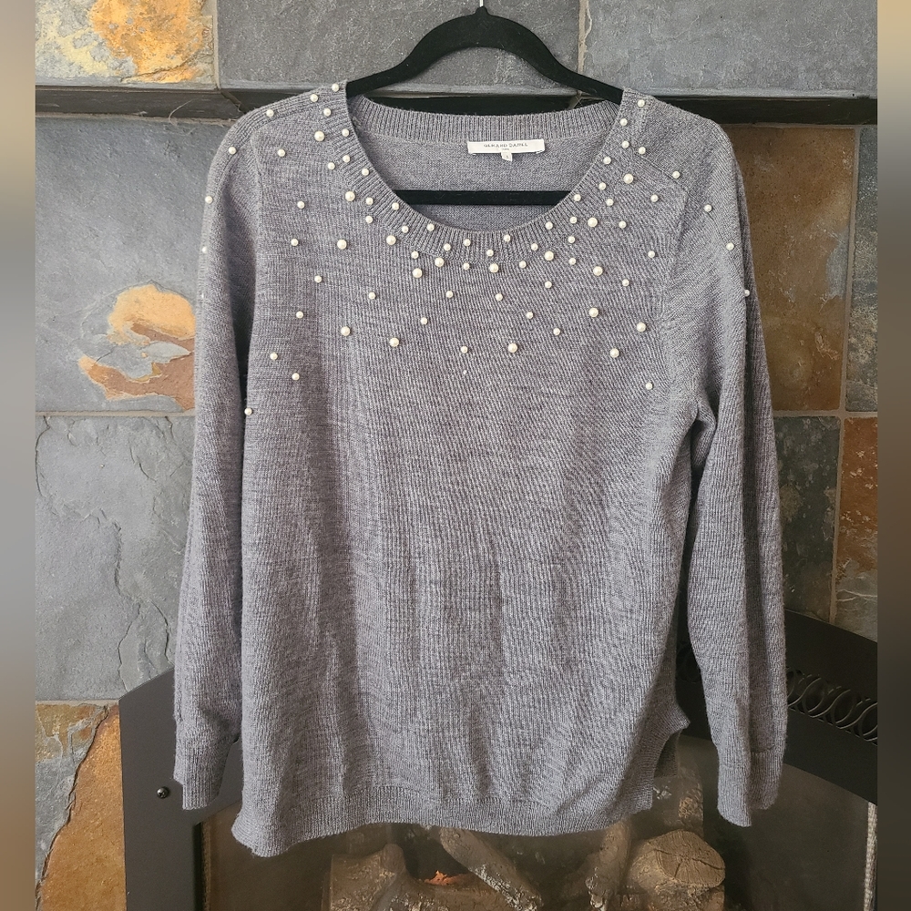 Gerard Darel Light Grey Merino Wool Crew Neck Sweater Pearl Studded front size 2